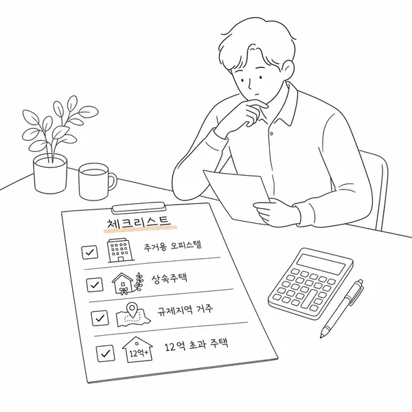 주거용 오피스텔 상속주택 조정대상지역 고가주택을 점검하는 체크리스트 일러스트