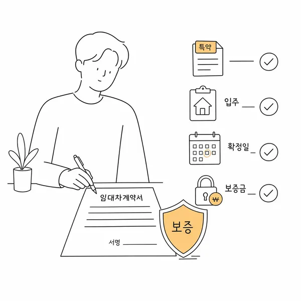 전세계약서 특약과 보증보험 가입 가능 여부를 확인하는 세입자 일러스트
