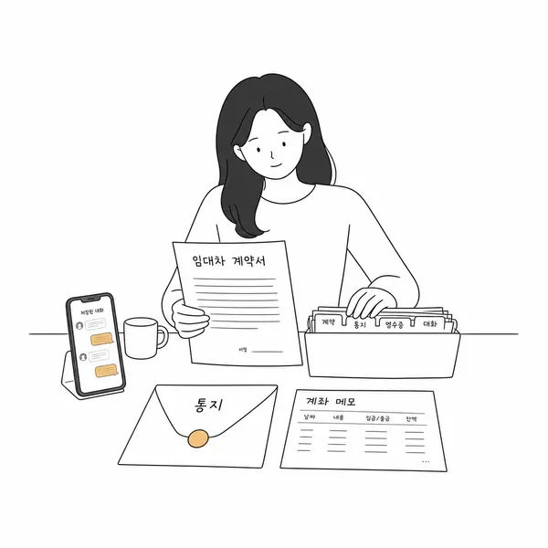 전세계약 종료 통지와 반환 요구 증거를 정리하는 임차인의 책상 이미지