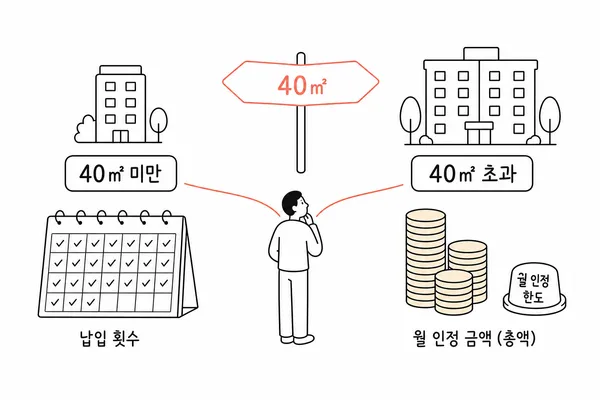전용 40제곱미터 이하에서는 납입횟수, 초과에서는 저축총액을 비교하는 청약 기준 일러스트