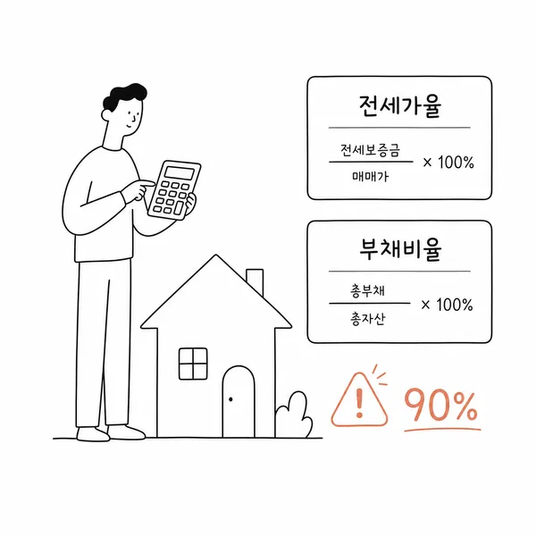 전세가율과 위험 부채비율을 계산하는 세입자 일러스트