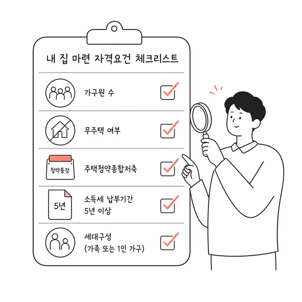 생애최초 특별공급의 다섯 가지 자격 요건을 확인하는 신청자 일러스트