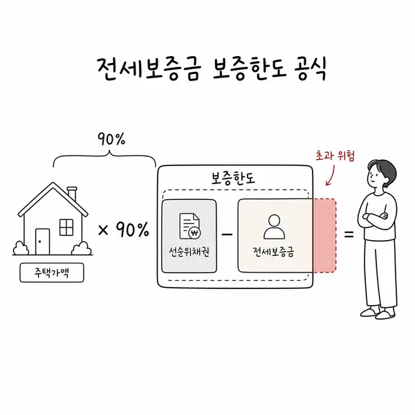주택가격 90퍼센트에서 선순위채권을 빼 전세보증 한도를 계산하는 이미지