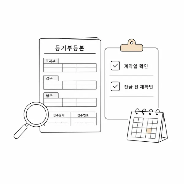 계약 전 표제부 갑구 을구와 접수번호를 확인하는 체크리스트