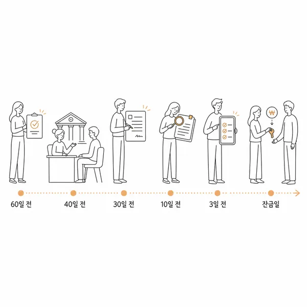 잔금일에서 거꾸로 60일, 40일, 30일, 10일, 3일 전 대출 준비 일정을 보여주는 타임라인 일러스트