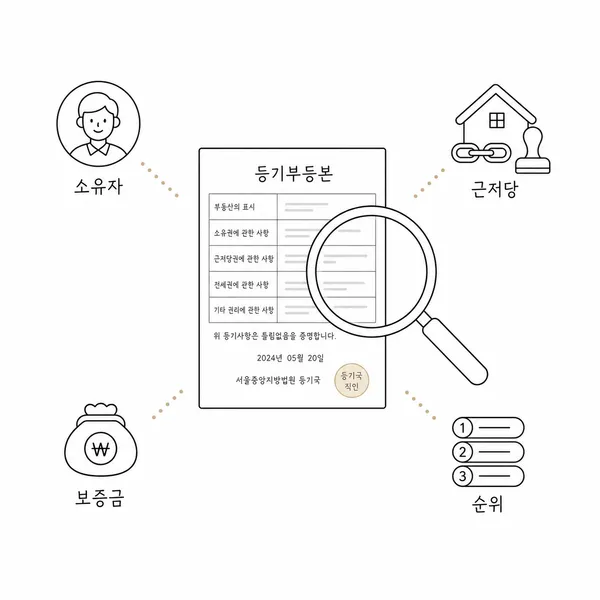 등기부등본을 돋보기로 확인하며 소유자와 근저당을 살피는 일러스트