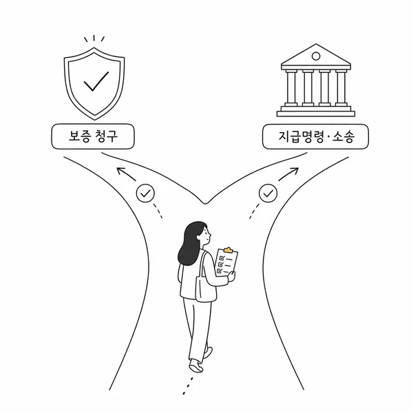 전세보증금 반환보증 청구와 지급명령 또는 소송 절차를 비교하는 갈림길 이미지