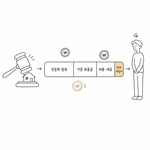 경매 매각대금이 선순위 채권에 먼저 배분되고 세입자 몫이 줄어드는 그림