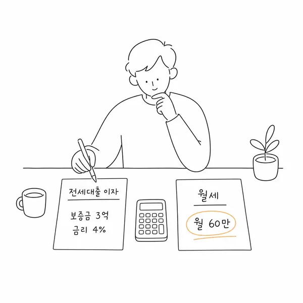전세대출 이자와 월세를 계산기로 비교하는 세입자 일러스트