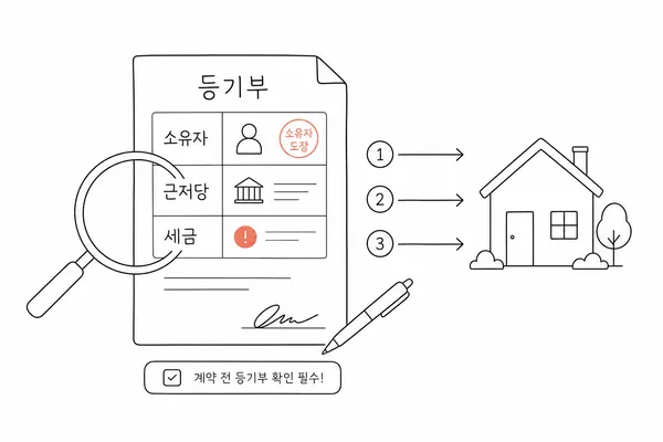 등기부등본에서 소유자와 근저당권을 확인하는 일러스트