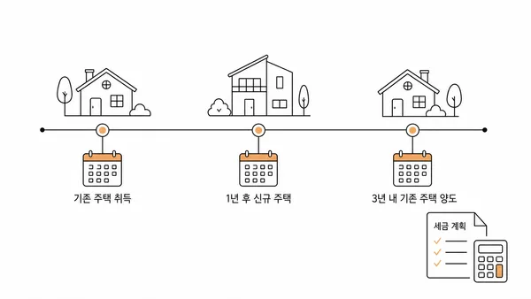 종전주택 취득, 1년 뒤 신규주택 취득, 3년 안 종전주택 양도를 보여주는 일정표