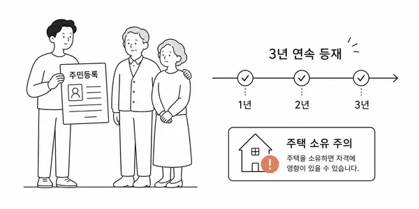 부모님이 주민등록등본에 3년 연속 등재되어야 하는 조건을 설명하는 일러스트