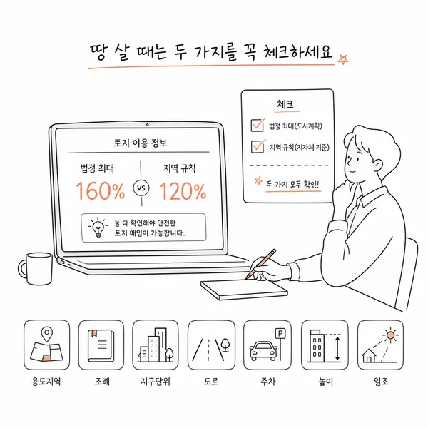 토지이음과 조례, 지구단위계획, 도로, 주차, 높이 제한을 확인하는 체크리스트 이미지