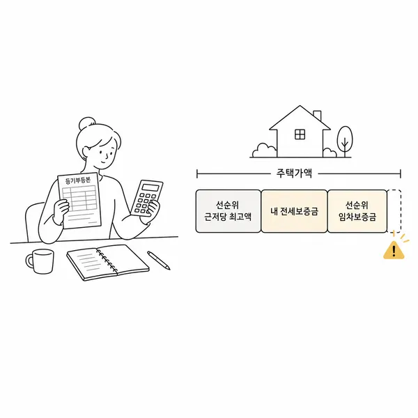 선순위 근저당 채권최고액과 내 전세보증금, 선순위 임차보증금을 집값과 비교해 계산하는 장면