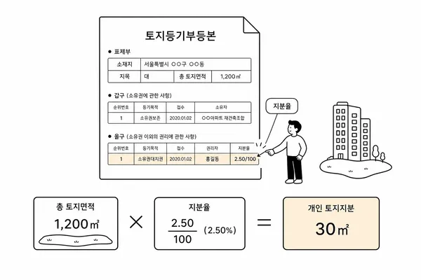 등기부와 계산기로 대지지분을 계산하는 방법을 보여주는 일러스트