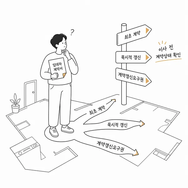 임차인이 최초 계약, 묵시적 갱신, 계약갱신요구권 중 현재 계약 상태를 확인하는 모습