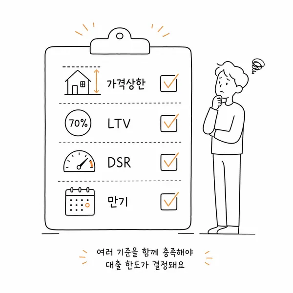 주택가격 한도 LTV DSR 만기 규제를 점검하는 체크리스트 일러스트