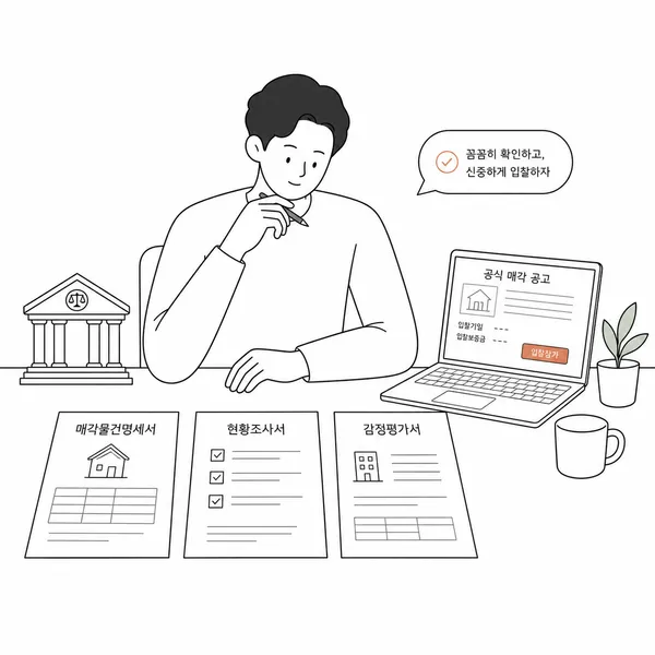 입찰 전 법원 경매 공식 서류 세 가지를 책상 위에서 비교하는 초보 투자자 일러스트