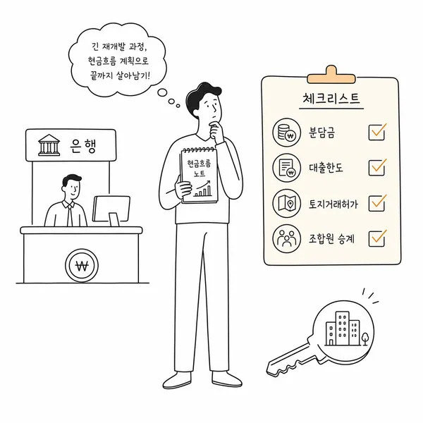 대출 한도, 토지거래허가, 조합원 지위 승계를 점검하는 주택 구매자 일러스트