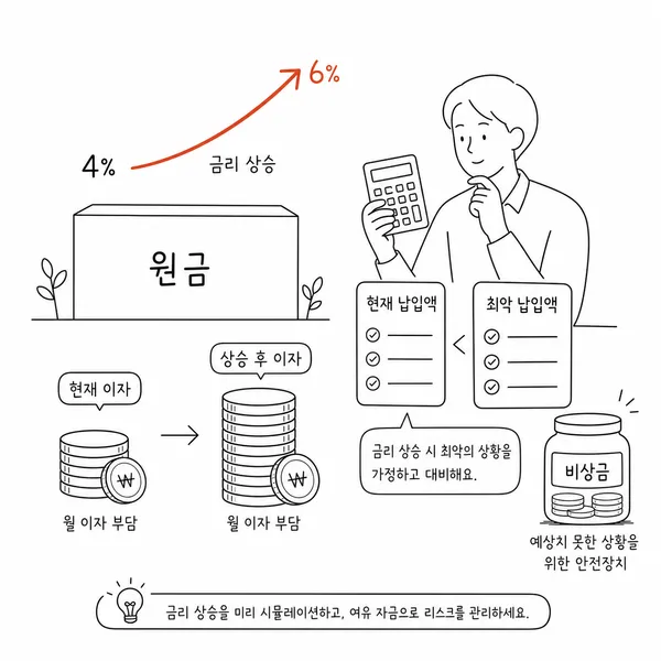 금리 4퍼센트에서 6퍼센트 상승 시 월 이자 부담을 계산하는 모습