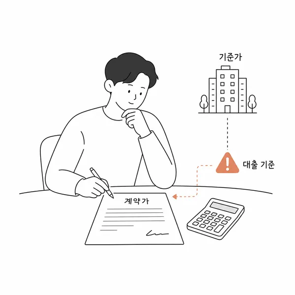 아파트 계약서와 은행 계산기를 보며 KB시세 기준 대출 가능액을 확인하는 매수자 일러스트