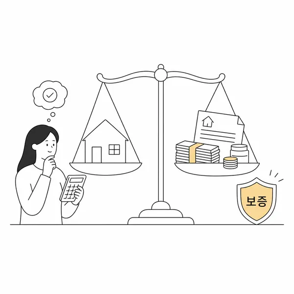 집값과 전세보증금, 근저당, 다른 임차인 보증금을 비교하는 일러스트
