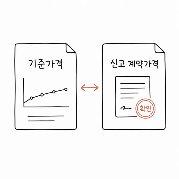 KB시세와 실거래가를 각각 기준 가격과 신고된 계약 가격으로 비교하는 일러스트