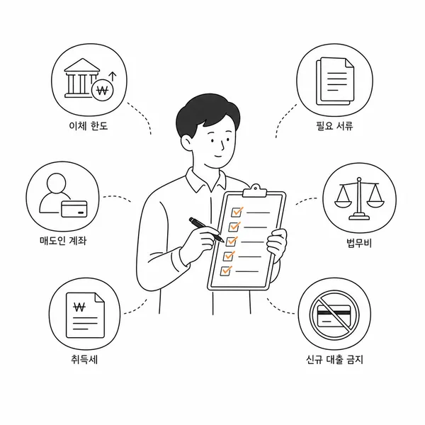 잔금일 이체한도, 필요서류, 매도인 계좌, 취득세, 법무비, 신규대출 금지 항목을 점검하는 체크리스트 일러스트