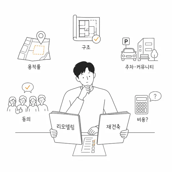 아파트 주민이 리모델링과 재건축의 사업 조건을 비교하는 체크리스트