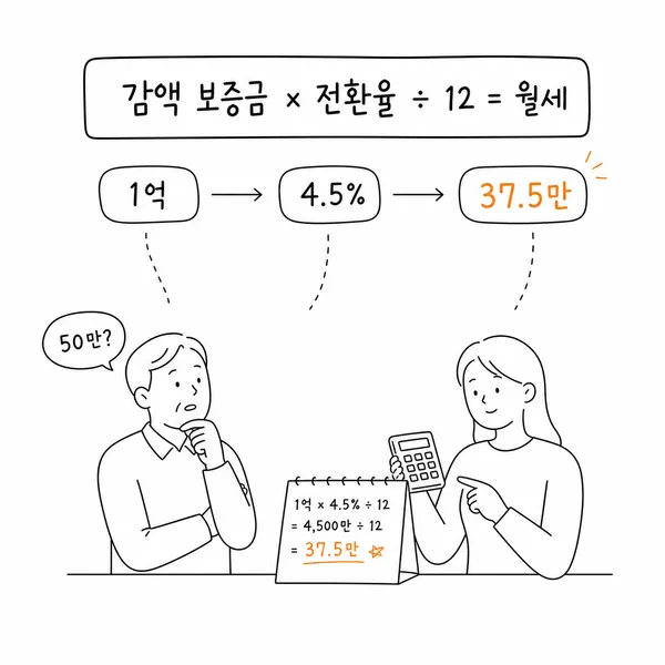 보증금 감소액과 전월세 전환율로 적정 월세를 계산하는 일러스트