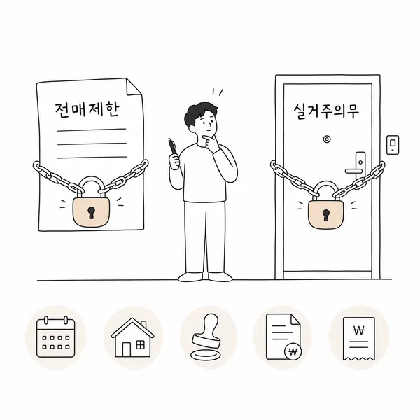 전매제한과 실거주의무를 각각 다른 잠금장치로 구분해 보여주는 이미지