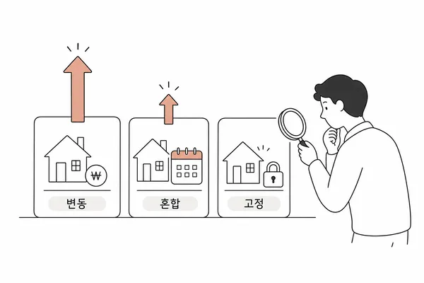 변동금리와 혼합형, 순수 고정금리 대출의 스트레스 DSR 영향을 비교한 일러스트