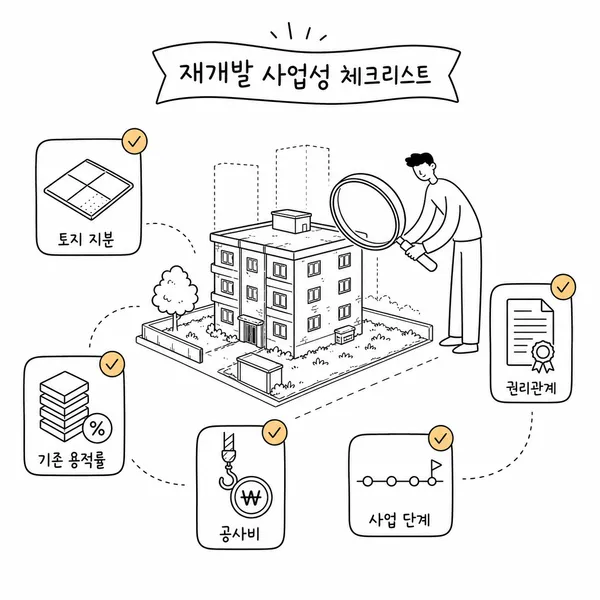 재건축 판단을 위해 대지지분과 용적률, 공사비, 사업 단계를 점검하는 일러스트