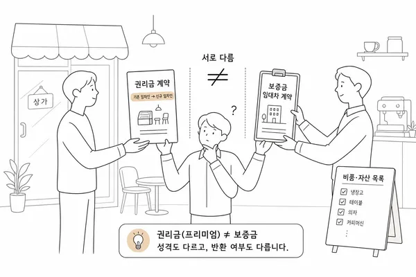기존 임차인에게 지급하는 권리금과 임대인에게 맡기는 보증금을 비교하는 모습