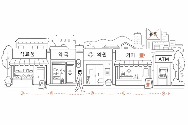 마트 약국 병원 카페 은행처럼 생활에 필요한 근린 상권을 보여주는 이미지
