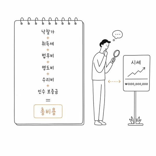낙찰가에 취득세와 명도비와 인수 보증금을 더해 총비용을 계산하는 입찰가 산정 일러스트