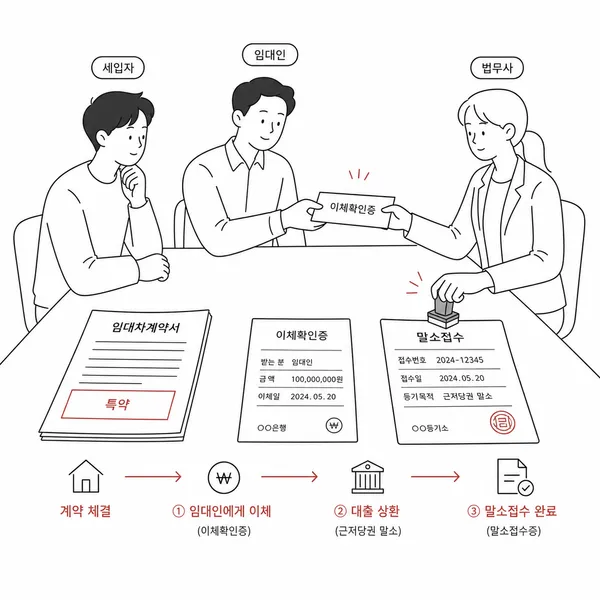 잔금 지급과 동시에 근저당 말소 특약, 은행 상환, 말소등기 접수증을 확인하는 계약 현장