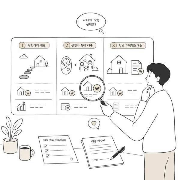 디딤돌대출 신생아 특례대출 일반 주담대를 비교한 뒤 계약을 검토하는 주택구입자 일러스트