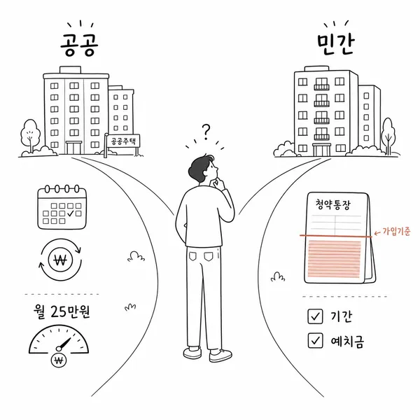공공분양은 납입횟수와 인정금액, 민영주택은 예치금과 가입기간을 확인하는 청약 전략 일러스트