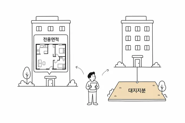 전용면적과 대지지분의 차이를 비교한 아파트 일러스트