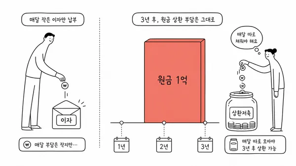 낮은 월 이자와 줄지 않는 원금 1억 원을 비교한 일러스트