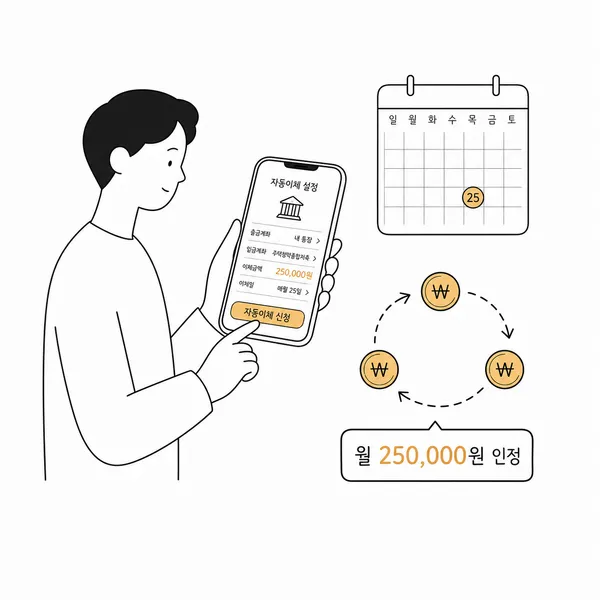 휴대전화 자동이체와 월 25만 원 인정액을 보여주는 청약 납입 전략 일러스트