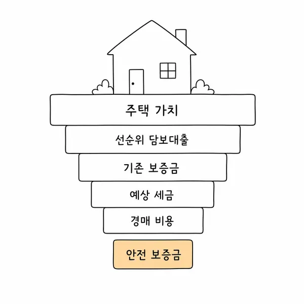 주택가격에서 선순위 채권과 보증금을 차감해 전세보증금 안전성을 계산하는 도식
