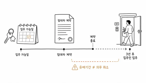 최초 입주가능일에서 3년 뒤까지 이어지는 실거주의무 유예 기간 타임라인