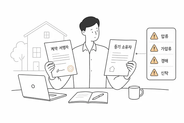 갑구에서 등기상 소유자와 계약 상대방을 비교하는 모습