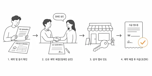 기존 임대차계약과 등기 확인, 임대인 동의, 새 임대차계약 후 권리금 잔금 지급 순서