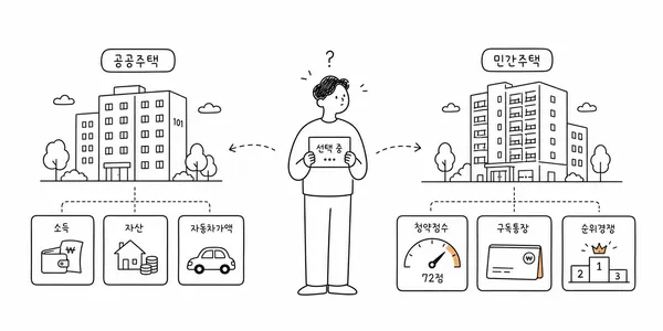공공분양과 민영주택의 노부모부양 특별공급 기준 차이를 비교하는 일러스트