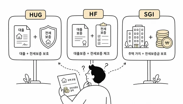HUG, HF, SGI 전세보증보험 선택지를 비교하는 이미지