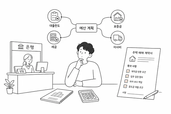 주택담보대출 한도와 아파트 매매 예산을 검토하는 모습