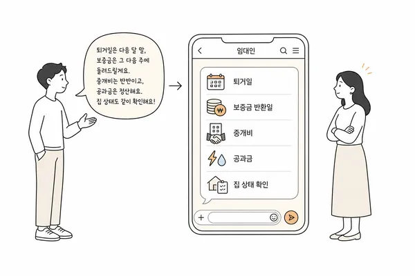 임차인과 임대인이 말로 한 약속을 휴대폰 체크리스트로 기록하는 모습